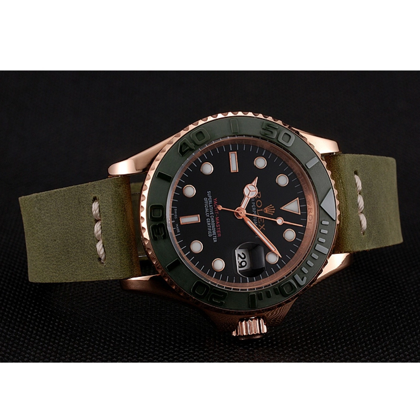 Aaa fake watches Bezel Rose Yacht Case Master Dial Leather Gold Rolex 1453862 Black Bracelet Green Green 0616